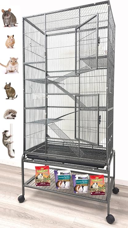 Huge X-Large Wrought Iron 4-Level Chew-Proof Tight 1/2-inch Wire Spacing Ferret Chinchilla Sugar Glider Rats Mices Rabbit Squirrel Hamster Cage with Detachable Rolling Stand