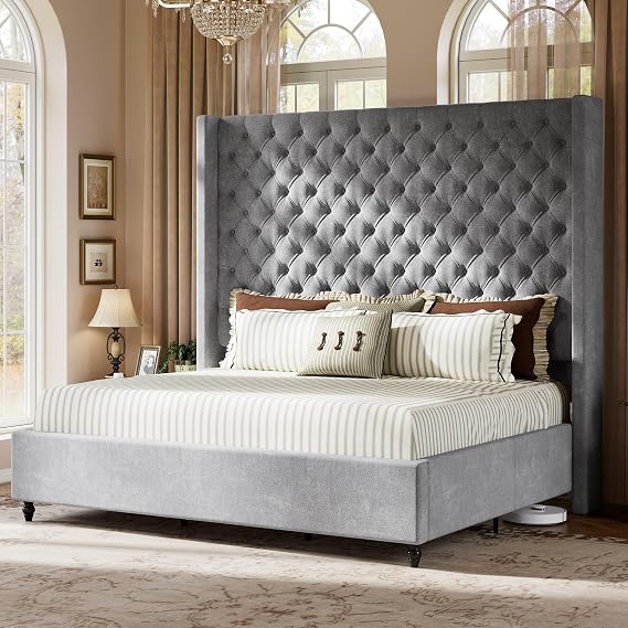Jocisland King Bed Frame with 65" Tall Wingback Headboard, Grey