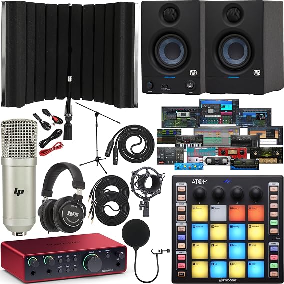 Focusrite Scarlett 2i2 4th Generation 2x2 USB Audio Interface Full Studio Bundle with Software Kit Ellis 3.5 Studio Monitor, ATOM MIDI Pad Controller, Boom Arm & Isolation Recording Shield