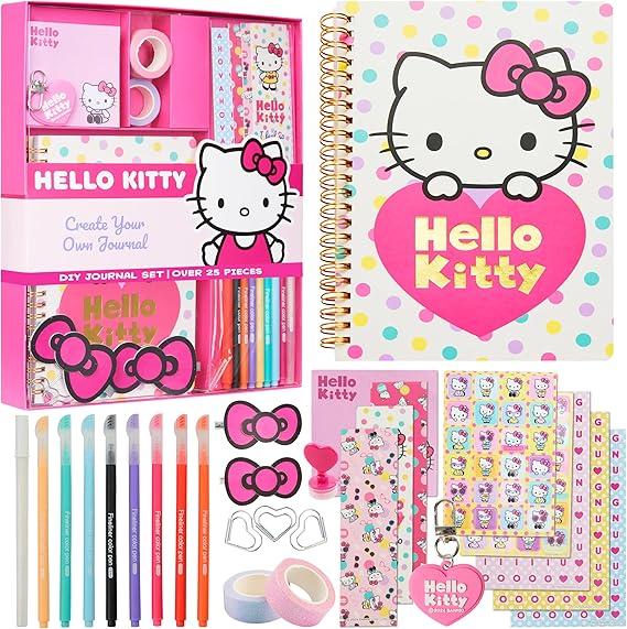 Hello Kitty Sanrio DIY Journal Kit for Girls Tweens, A5 Spiral Notebook with Stickers, Stationery Set, Cute Art & Crafts Supplies, Diary Set, Kawaii Anime Gifts for Girls (Pink Hello Kitty)