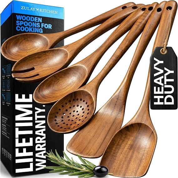 Zulay Kitchen 6 Piece Wooden Spoons for Cooking Natural Teak Wooden Utensil Set, Easy to Clean, Durable, Smooth with Comfort Grip - Non Toxic Wooden Cooking Utensil Sets