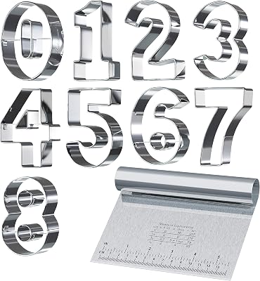 Bakerpan Stainless Steel Number Cookie Cutter Shapes, Set of 9 Large 3.5 Inch Numbers with Bonus Dough Cutter