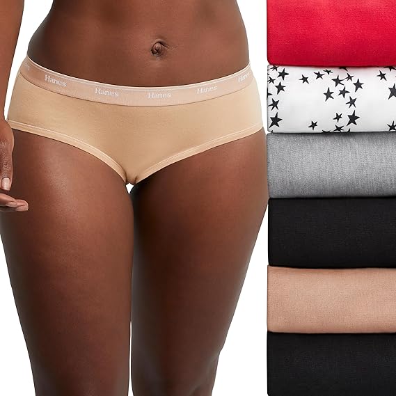 Hanes Women's Underwear Hipster Pack, 6-Pack, Originals Stretch Cotton Hipster Panties for Women, Moisture-Wicking