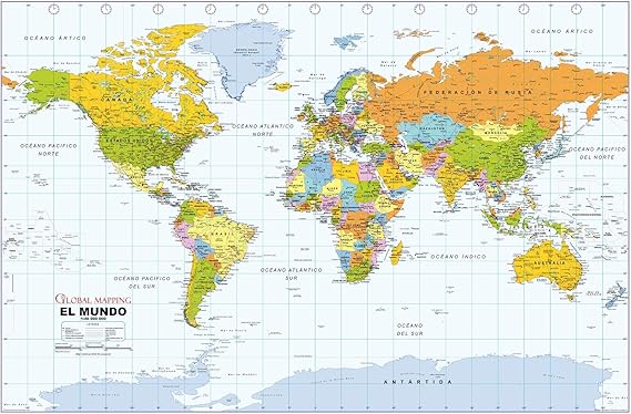 Political World Wall Map, Spanish Language, Mapa politico del mundo, idioma espanol - 40.75 x 27 inches - Paper - Flat Tubed