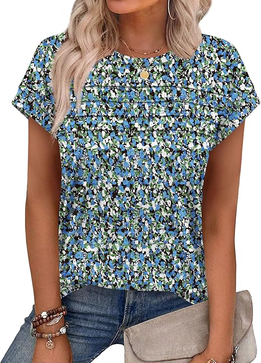 WEESO Womens Summer Tops Trendy 2026 Cap Sleeve T Shirts Crew Neck Pleated Front Beach Vacation Clothes Fashion