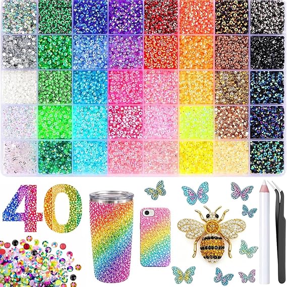 32000PCS Resin Jelly Rhinestones for Crafting, 3mm 40 Colors Flatback Gems for Crafting, Bedazzling Kit with Tweezer and Pickup Pen for Clothes Shoes Nail Book Diamond Art