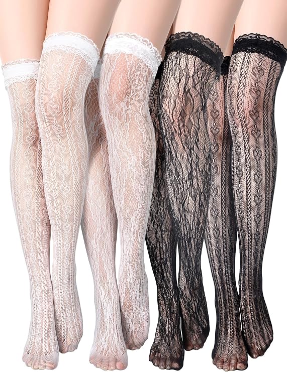 Fourluoo 4 Pairs Women Lace Thigh High Stockings