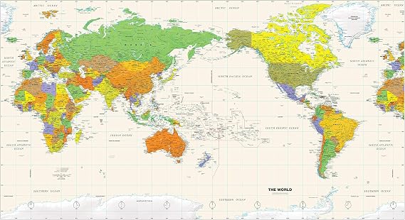 Pacific-Centered World Wall Map - 61" x 33.5" (Matte Plastic)