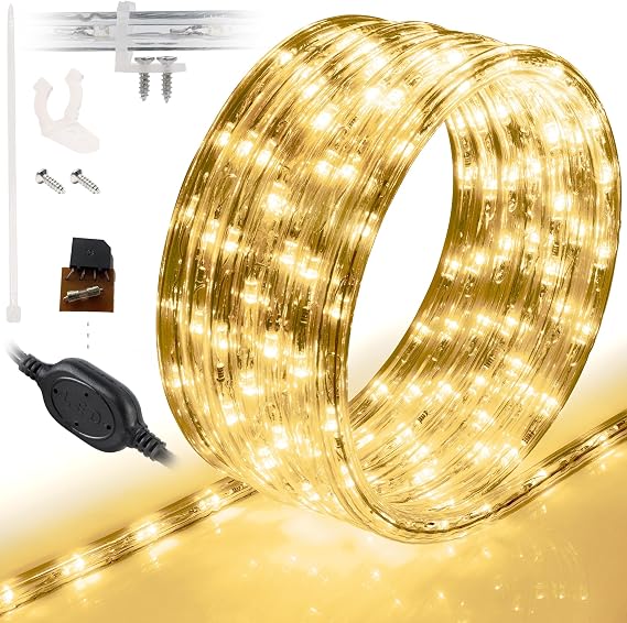 108LEDs, 10ft LED Rope Light, Connectable Waterproof Permanent Outdoor Clear PVC Tube, ETL Certified, Christmas Trees Holiday Decorative Landscape Backyard Patio Accent Lighting - Warm White