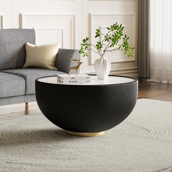 Henf 27.55" Round Marble Coffee Table, White Sintered Stone Fluted Coffee Tables for Living Room, Black PU Leather Covered & Gold Metal Base, Luxury Bucket Shape Tea Cocktail Center Table