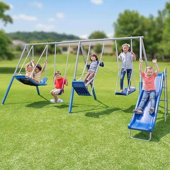 Sportspower Super Surfer Metal Swing Set with 6ft Slide, Skyflyer, Surfboard, Standing & Classic Sling Swing, for Ages 3-8