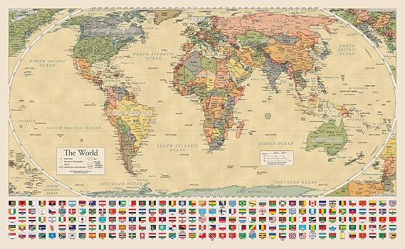 Equal Earth Blue World Map (Yellow, 1-EE-YELLOW-WORLD,18 x 29)