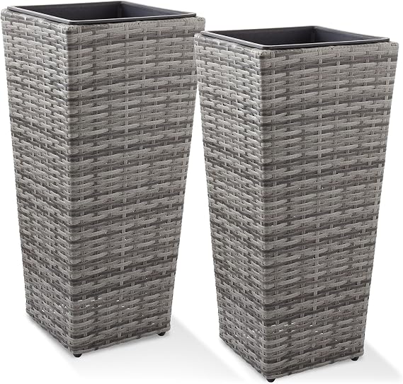 Casafield Set of 2 All-Weather Outdoor Planters with Liners, Tall Tapered Plant Boxes with Flower Pots for Front Porch, Patio, Garden - Gray