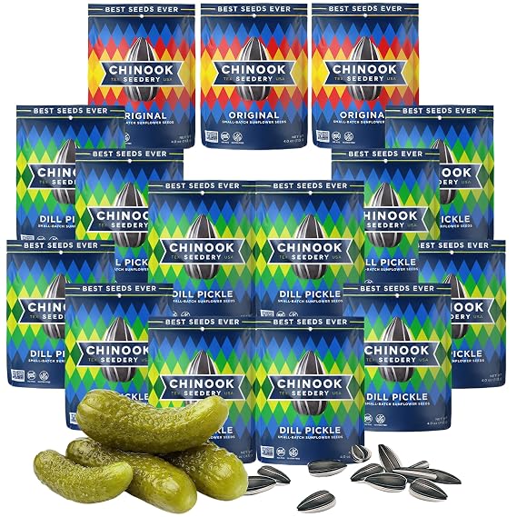 Chinook Seedery Dill Pickle 4oz (12 Pack) & Original Flavor 4oz (3 Pack) Combo - Roasted Jumbo Sunflower Seeds - Keto Snacks - For Snack Packs - Gluten Free, Non GMO Snack Food Gifts
