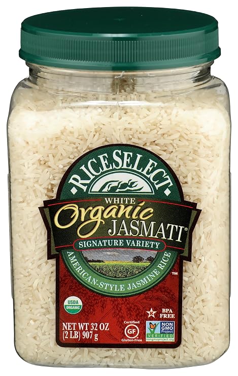 RiceSelect Organic Jasmati Rice, Gluten-Free, Non-GMO, Kosher, 32oz Jar (Pack of 1)