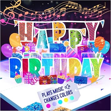 100 GREETINGS 3D Pop Up Birthday Card - Plays Happy with Lights & Music, Unique BDay Singalong for Women, Men, Mom, Grandma & Grandpa