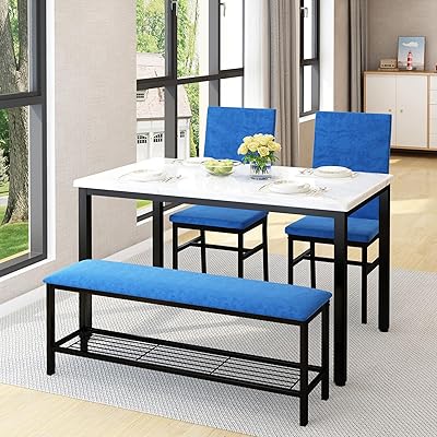HUGROVE 4-Piece Dining Table Set for 4, 47.24-Inch Kitchen Table with Upholstered Velvet Bench & Chairs, Space-Saving Modern Faux Marble Dining Room Table Set for Small Spaces Blue