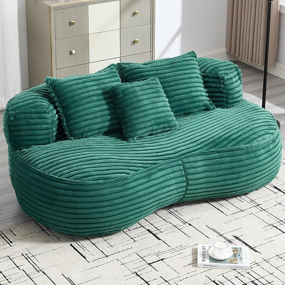 Corduroy Bean Bag Loveseat Comfy with 3 Pillows, Giant Bean Bag Sofa & Floor Couch with Filler for Adults and Kids, Plush Lazy Sofa with Backrest for Gaming Reading, Full Assemble (Emerald)