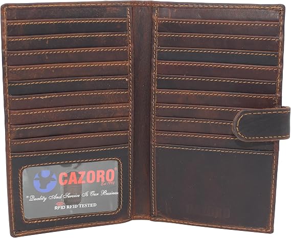 RFID Blocking Bifold Premium Vintage Leather Credit Card ID Holder Long Wallet with Snap Closure (RHU Brown)