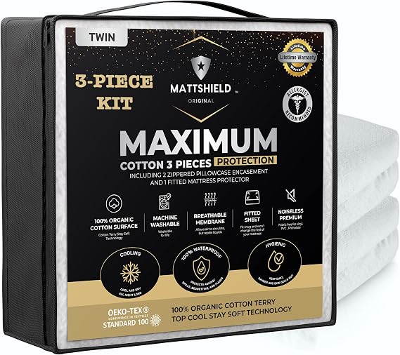 MATTSHIELD Maximum 3-Piece Kit - Waterproof Organic Cotton Terry Mattress Protector Twin + 2 Pillow Protectors - Fitted with Stretchable Pockets - Skin-Friendly, Breathable Mattress Cover