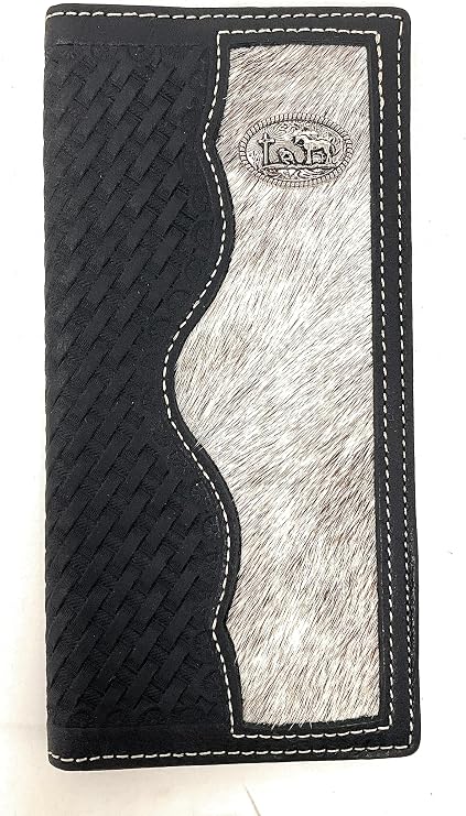 Western Basketweave Genuine Leather Cowhide Cow fur Praying Cowboy Men's Long Bifold Wallet in 3 colors (Black)