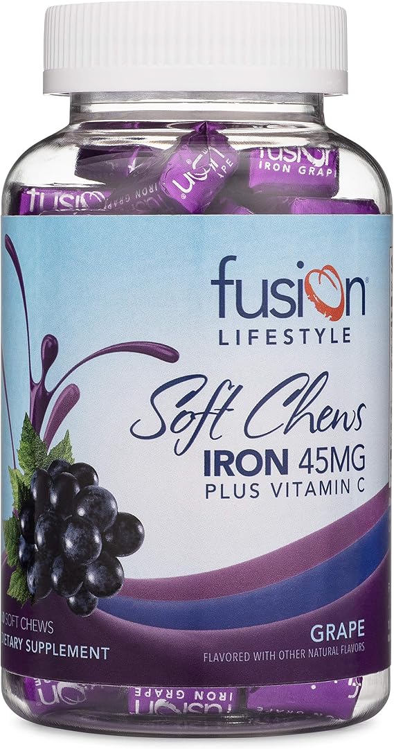 Fusion Lifestyle Chewable Iron Supplement for Women & Men - Grape Flavor, Iron Vitamin C Soft Chew for Max Absorption, Iron as Ferrous Fumarate, Ideal for Anemia and Iron Deficiency, 2 Month Supply