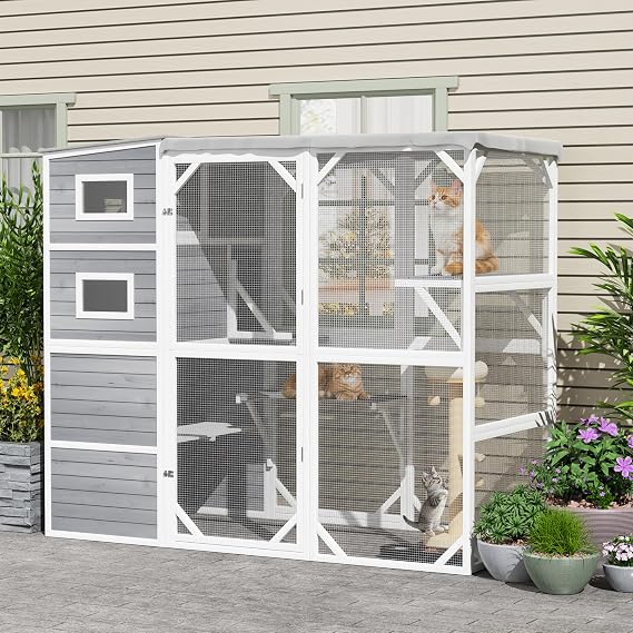 70" H Large Cat Enclosure, Outdoor 4-Tier Cat House for Multiple Cats, with Weatherproof Roof & Removable Waterproof Fabric, All-Weather Use, Grey