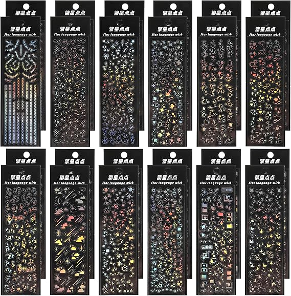 24 Sheets Holographic Deco Stickers Self Adhesive Glitter Korean Deco Stickers Clear Laser Star Butterfly Bubbles Decals Shinny Photocard Sticker for Scrapbook Journal Notebook Album DIY Decoration