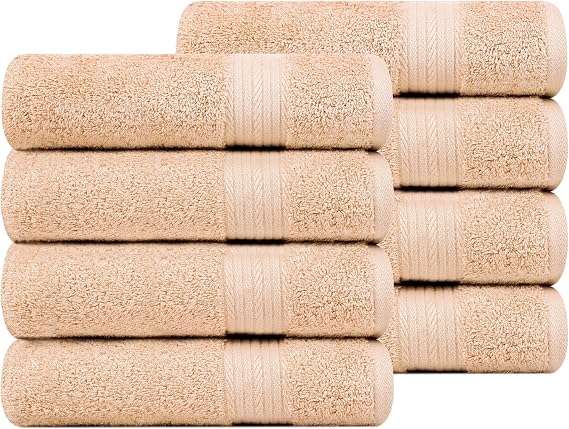 Ample Decor 100% Cotton Hand Towels 18x28 Inches, 600 GSM, Soft & Absorbent, Set of 8, Beige