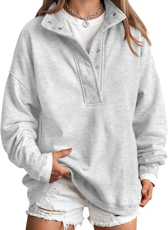 Trendy Queen Womens Oversized Sweatshirts with Snap Button Henley Collar