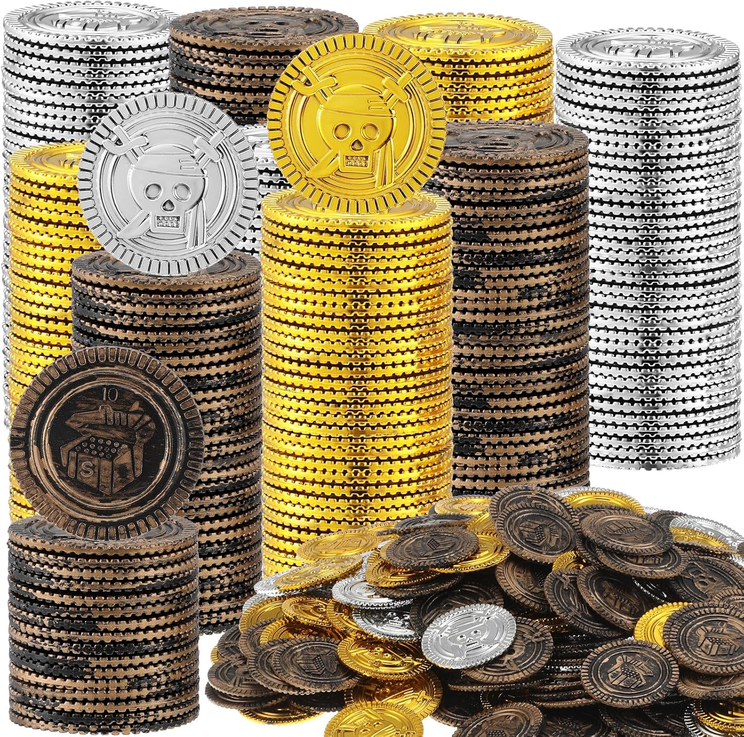 Hanaive 800 Pcs Plastic Pirate Coin Gold Treasure Spanish Doubloon Fake St. Patricks Toy Coin for Kids Board Games Pirate Party Cosplay Teachers Classroom RewardGold, Silver, Bronze