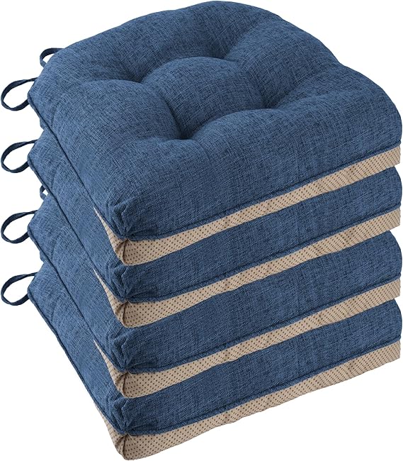 Chair Cushions for Dining Chairs Set of 4, 18"x18"x3", Royal Blue | Non-Slip with Ties, Tufted, Faux Linen, Seat Cushions for Dining Room Kitchen Breakfast Nook Indoor Home Office Living Room