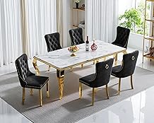 Henf 7 Piece Dining Table Set for 6, White Faux Marble Dining Room Table and 6 Velvet Upholstered Dining Chairs w/Stainless Steel Legs, Rectangle Kitchen Table and Chairs Set for 6 (Black&Gold Legs)