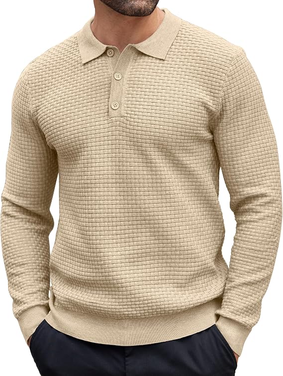 COOFANDY Men's Knit Polo Shirts Casual Collared Long Sleeve Sweater Polos