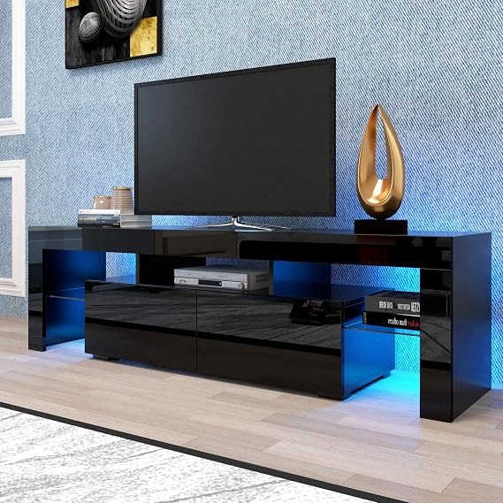63" Modern LED TV Stand with Remote Control, 20 Color Lighting, Adjustable LED System, Large Storage Cabinet for TVs up to 70", Black Minimalist Design for Living Room, Bedroom, Office (Black)