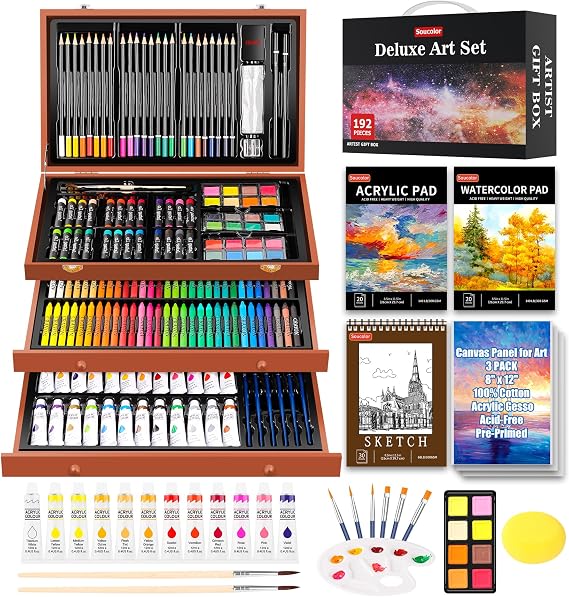Soucolor 192-Pack Deluxe Art Set, Drawing Painting Kit, Wooden Case Gift