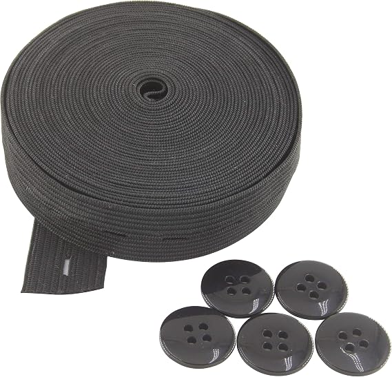 Flat Sewing Band Spool with Buttonholes, Elastic Stretchable, Ideal for DIY Waistbands and Necklines (Black, 3/4 inch 5 Yards)