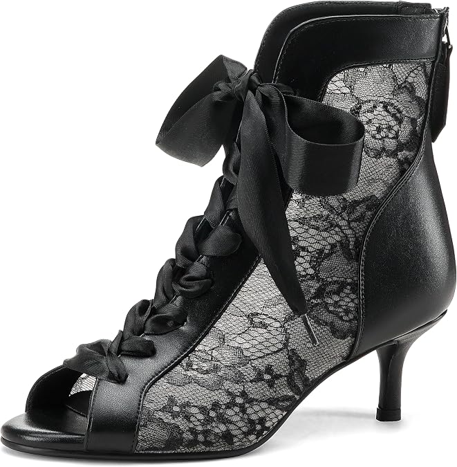 Women's Mesh Lace Booties Lace Up Ankle Boots Wedding Shoes Open Toe Kitten Heels Dressy Birthday Party