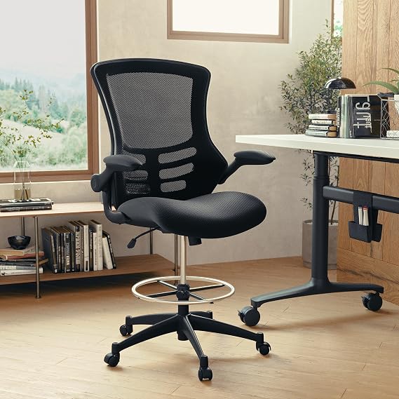 BizChair Mid-Back Black Mesh Ergonomic Drafting Chair with Adjustable Foot Ring and Flip-Up Arms