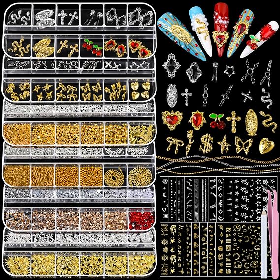 Teenitor Nail Charms and Gems with Nail Stickers, 6 Boxes Silver & Gold Nail Gems and Rhinestones Kit for Women, 3D Nail Art Rhinestones Nail Pearls, Caviar Beads for Nails,Y2K & Cross Nail Charms