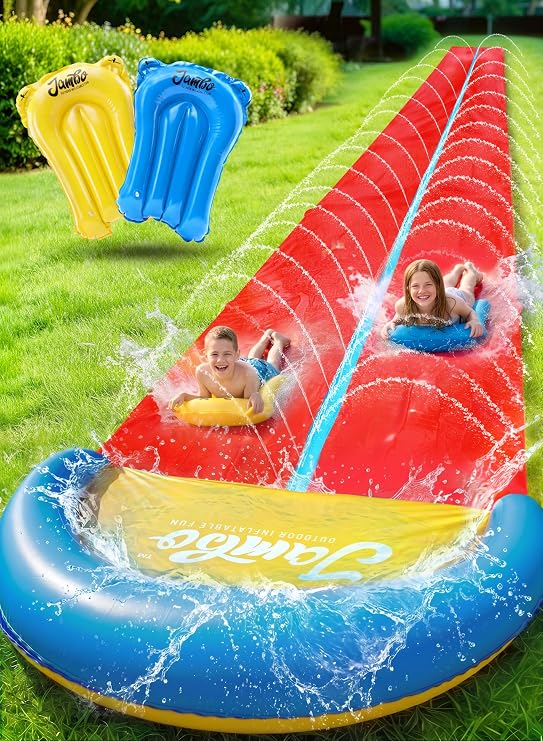 JAMBO 32FT Extra Extra Long Slip Splash and Slide, 2 Bodyboards, Heavy Duty Water Slide with Inflatable Crash Pad, Double Lane Slip Slides, Outdoor Backyard Water Slides n Toys for Kids