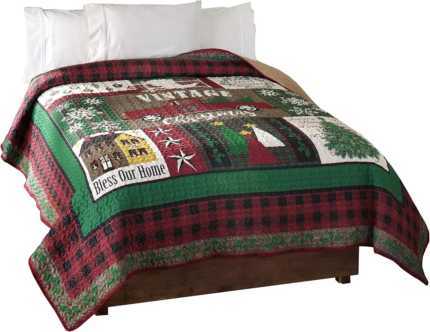 The Lakeside Collection Vintage Inspired Christmas Bed Quilt with Farmhouse Style - FullQueen