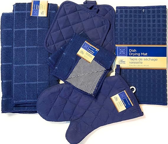 Home Collection 8 Piece Navy BlueTowel Set - 2 Towels -2 Scrubber Dish Cloth - 2 Pot Holders -1 Oven Mitt - Dish Drying Mat