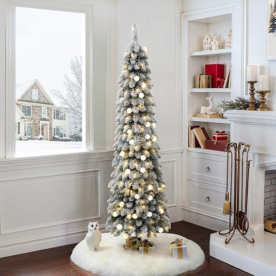 LuxenHome 6FT Prelit Flocked Slim Pencil Christmas Tree
