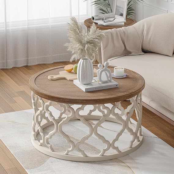 Farmhouse Coffee Table, Distressed Tray Top with Curved Drum Frame Base for Boho, Rustic,French Country Decor, Round, White