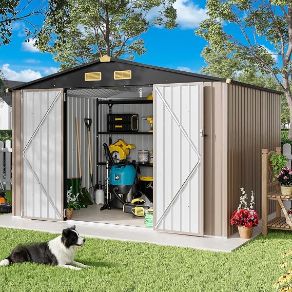 IRONCK 9.7x7.7FT Outdoor Storage Shed with Breathable Vent, Brown | 9.4x7.3FT Base Galvanized Steel Metal Tool Shed with Lockable Doors for Yard Bins/Generator/Wheelbarrow Garden Storage