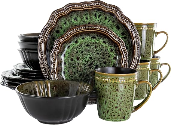 Elama Stoneware Round Oval Dinnerware Dish Set, Jade Green