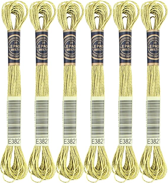 6 Skeins Embroidery Thread, Metallic Light Gold Embroidery Floss Friendship Bracelet String, Polyester Cross-Stitch Threads for Hand Embroidery, String Art