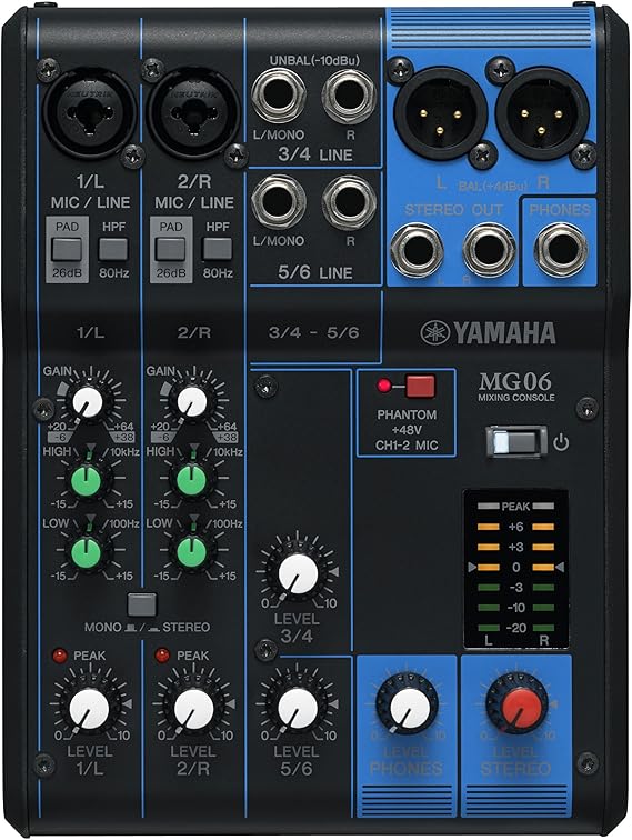 Yamaha MG06 6 Channel Mixing Console, Max 2 Mic/6 Line Input, Built-in Mic Preamp, D-PRE, Rugged Metal Chassis