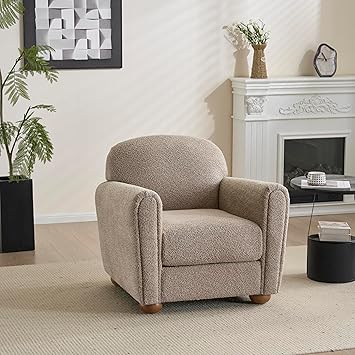 Christopher Knight Home Peysz Modern Accent Chair, Boucle Upholstered Armchair with Rounded Wooden Legs, Comfortable Single Sofa, Soft Cushion Seating, Lounge Chair Indoor, Light Brown